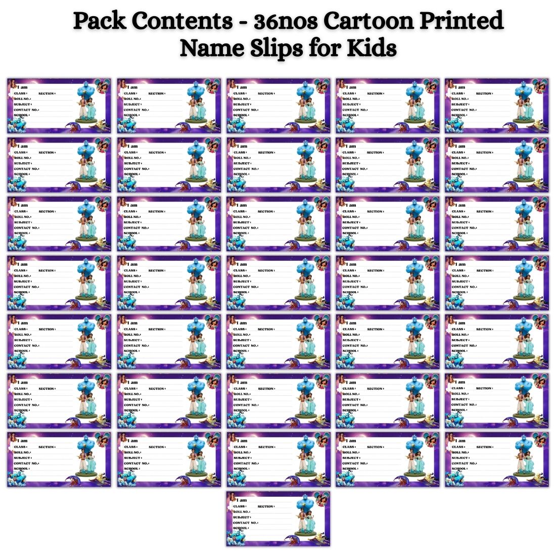Kids Name Slips Cartoon Printed - Pack of 36 - Self Fill in
