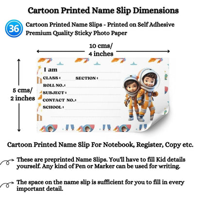 Kids Name Slips Cartoon Printed - Pack of 36 - Self Fill in