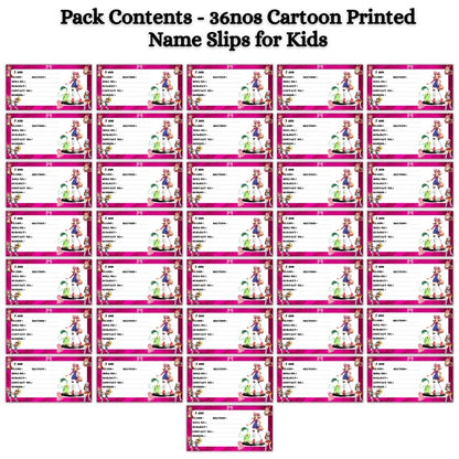 Kids Name Slips Cartoon Printed - Pack of 36 - Self Fill in