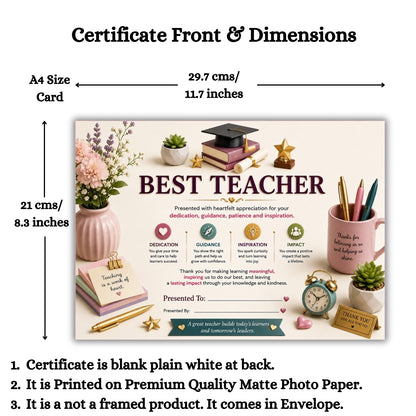 Best Teacher Certificate – A4 Teacher Appreciation Award Certificate for Teachers | Premium Printed Thank You Gift