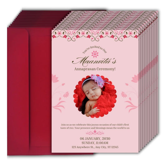 Customised Annaprashan Invitation Cards Pack of 12 , 5.8x8.3 Inch with Envelopes for Rice Ceremony