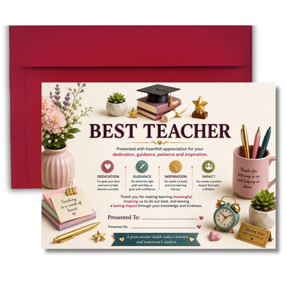 Best Teacher Certificate – A4 Teacher Appreciation Award Certificate for Teachers | Premium Printed Thank You Gift