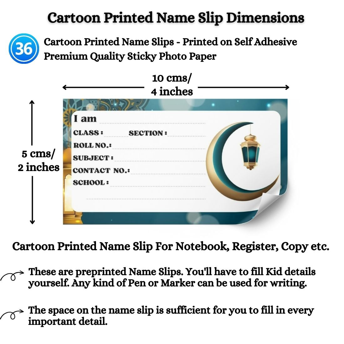 Kids Name Slips Cartoon Printed - Pack of 36 - Self Fill in