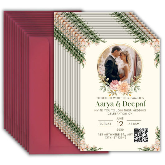 Custom Wedding Invitation Card with Couple Photo | Pack of 12 | One side Printed | Envelopes Included