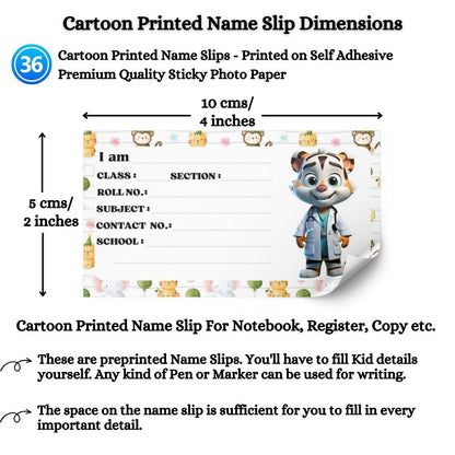 Kids Name Slips Cartoon Printed - Pack of 36 - Self Fill in