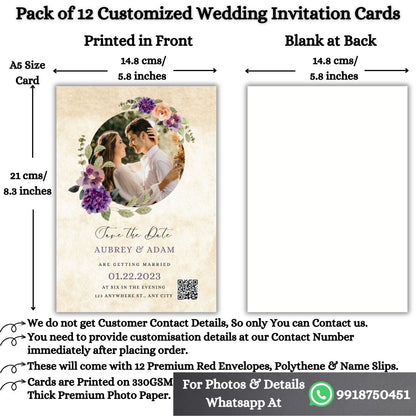 Custom Wedding Invitation Card with Couple Photo | Pack of 12 | One side Printed | Envelopes Included