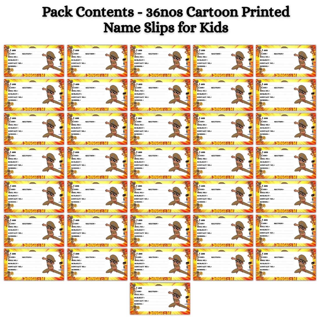 Kids Name Slips Cartoon Printed - Pack of 36 - Self Fill in