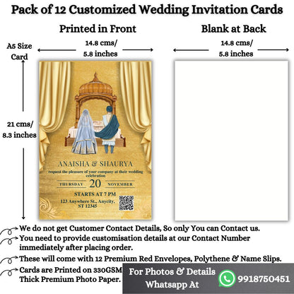 Custom Wedding Invitation Cards with Envelopes | Pack of 12 | One side Printed