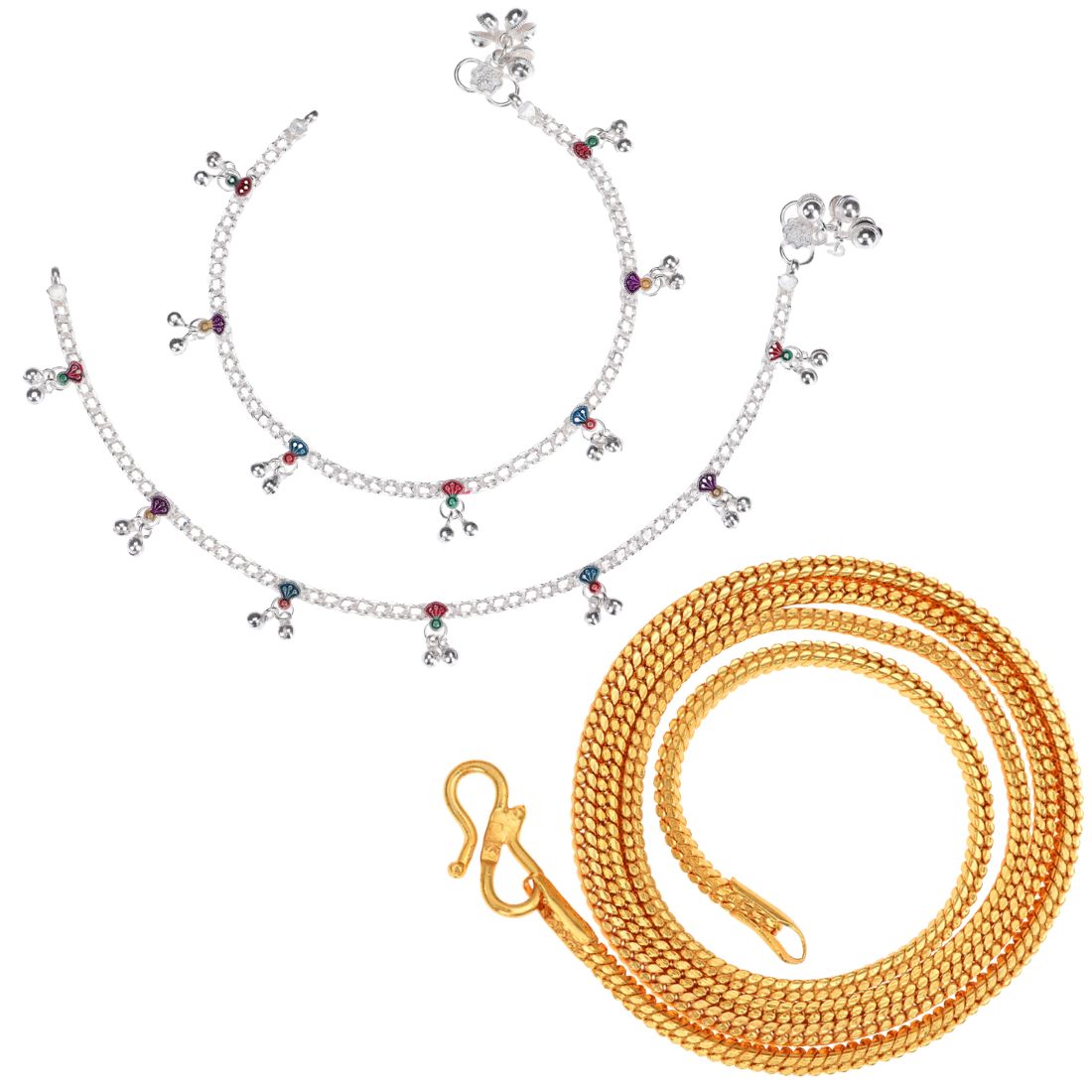 Silver Plated Anklets & 22 inch Gold Plated Chain