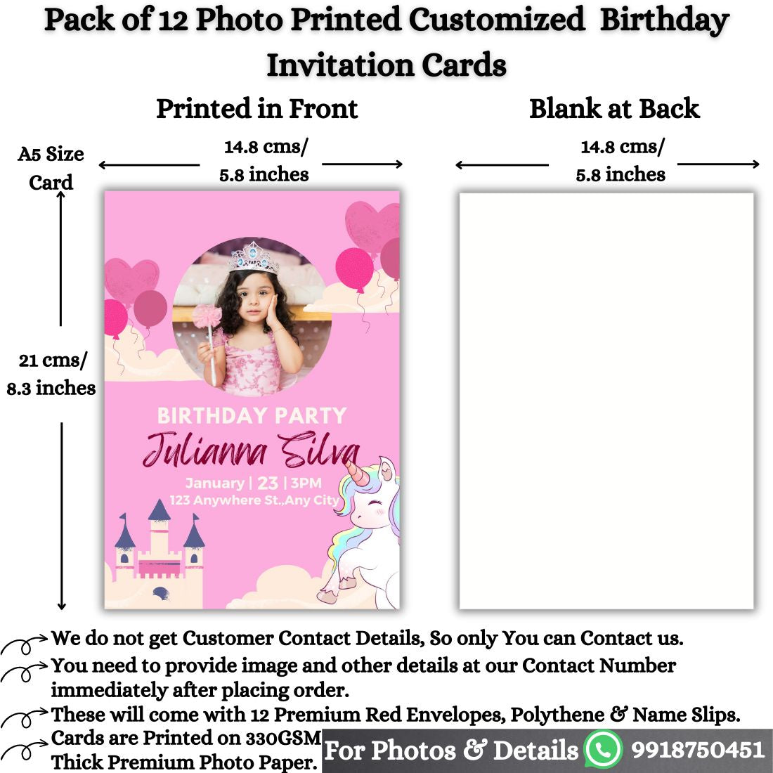 Custom Birthday Invitation Card for Kids with Envelopes | Pack of 12 | One side Printed