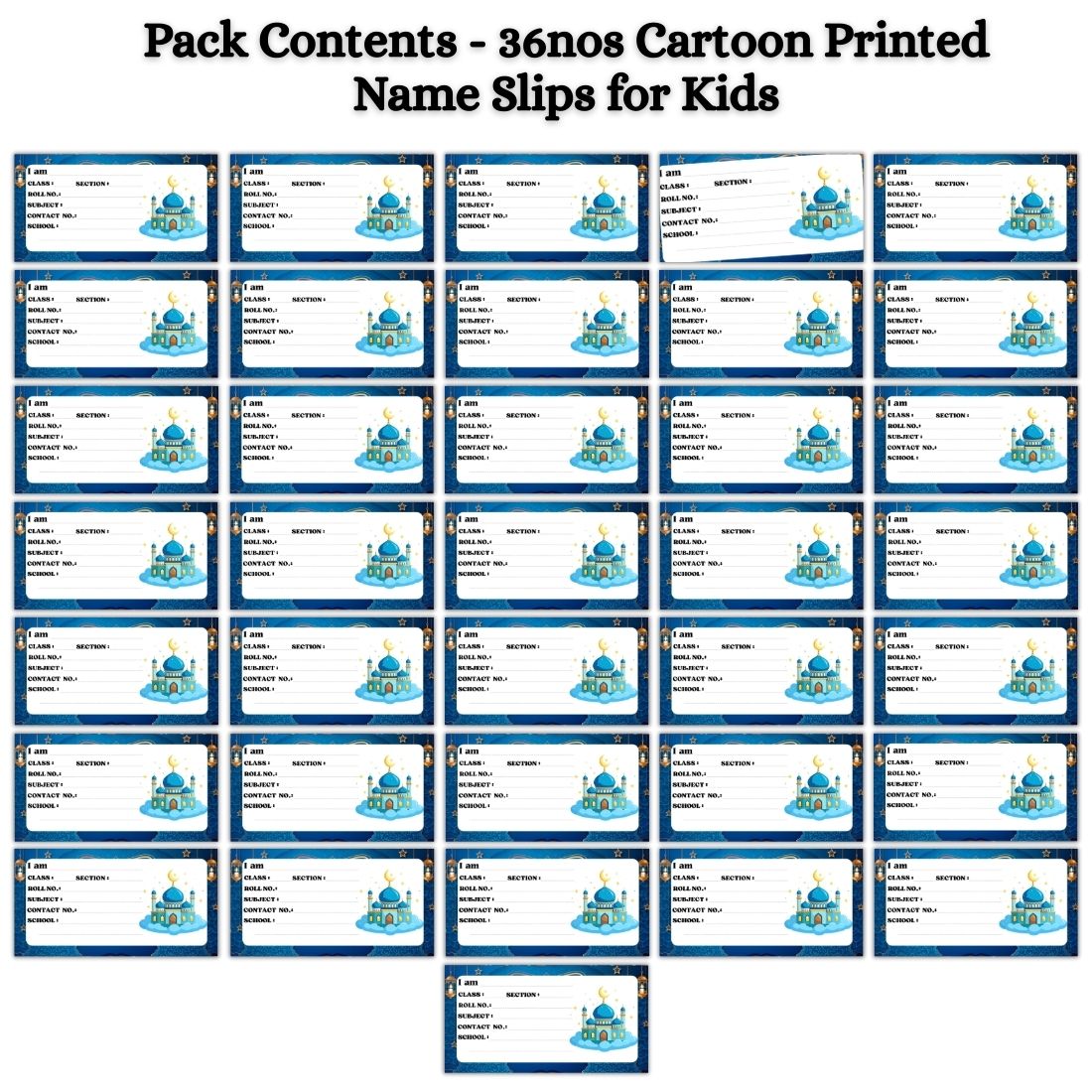 Kids Name Slips Cartoon Printed - Pack of 36 - Self Fill in
