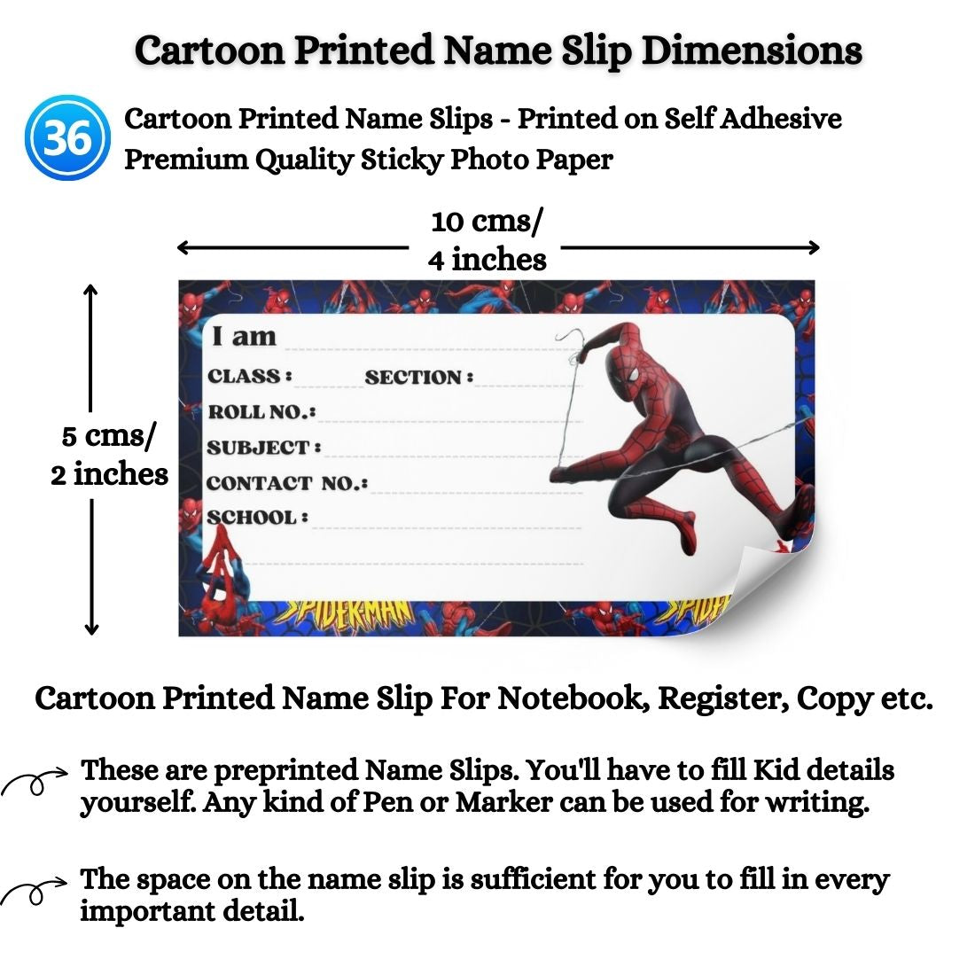 Kids Name Slips Cartoon Printed - Pack of 36 - Self Fill in