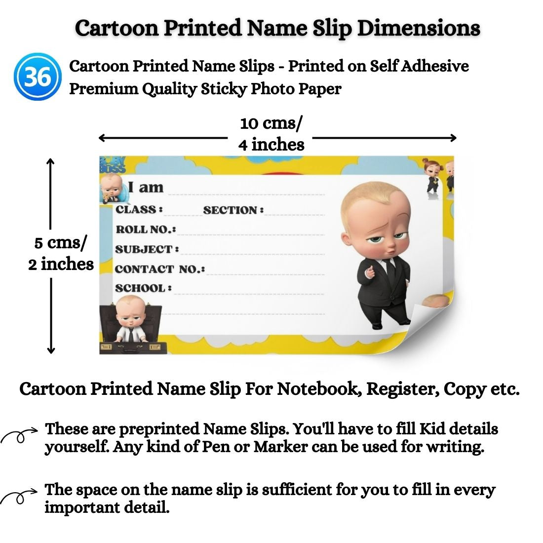 Kids Name Slips Cartoon Printed - Pack of 36 - Self Fill in