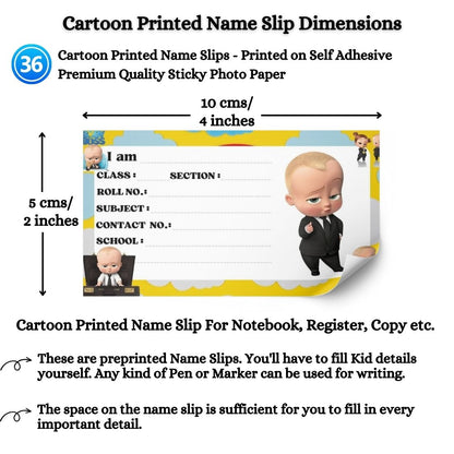 Kids Name Slips Cartoon Printed - Pack of 36 - Self Fill in