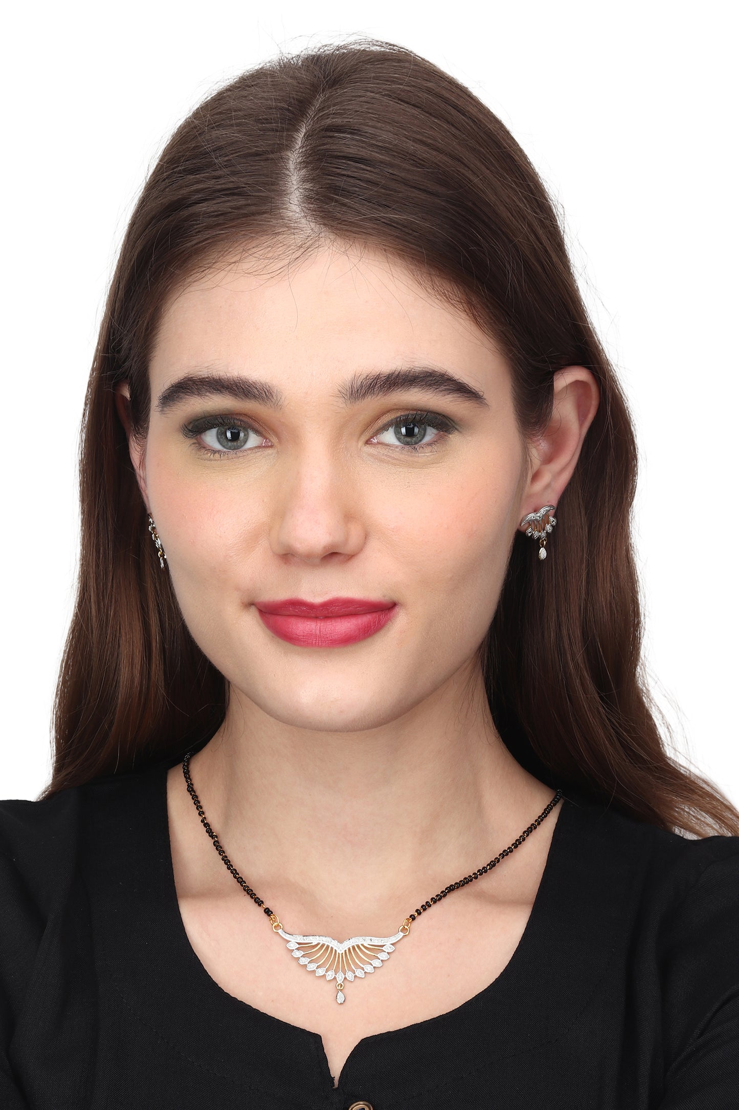 Gold Plated AD Mangalsutra Pendant and Earrings Set with Black Beads Chain