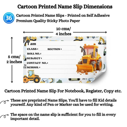 Kids Name Slips Cartoon Printed - Pack of 36 - Self Fill in