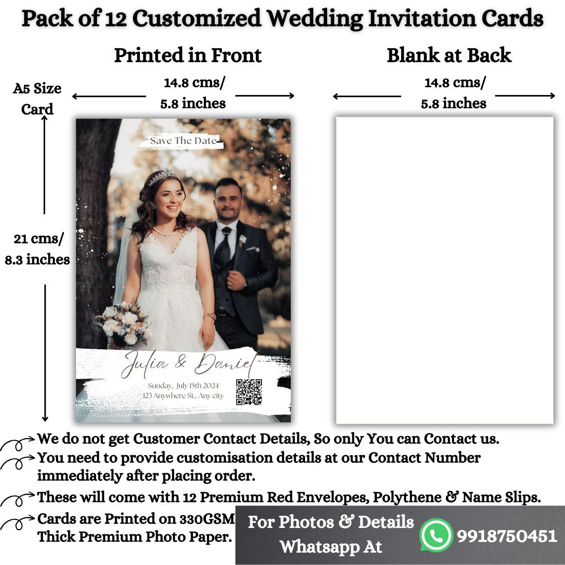 Custom Wedding Invitation Card with Couple Photo | Pack of 12 | One side Printed | Envelopes Included