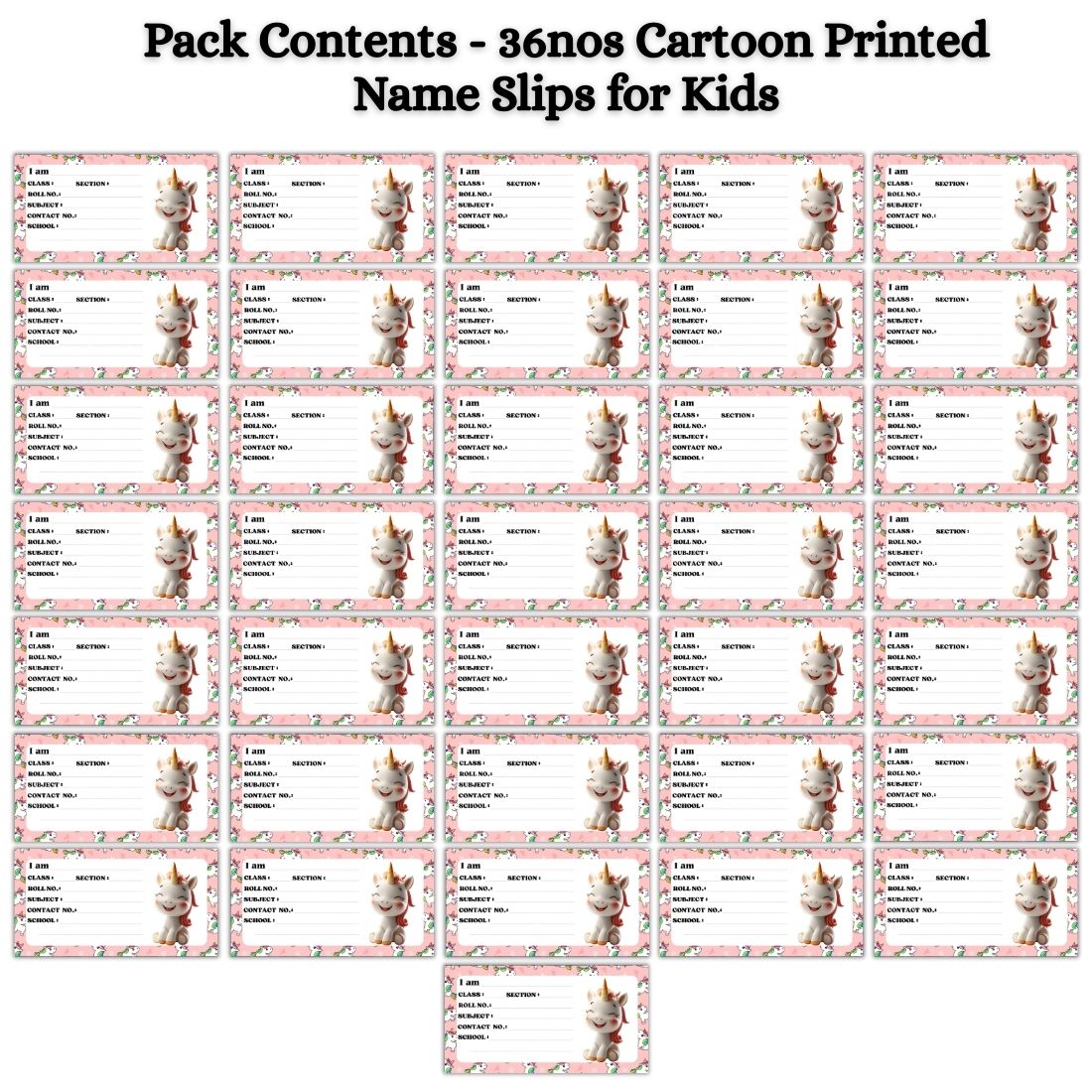Kids Name Slips Cartoon Printed - Pack of 36 - Self Fill in