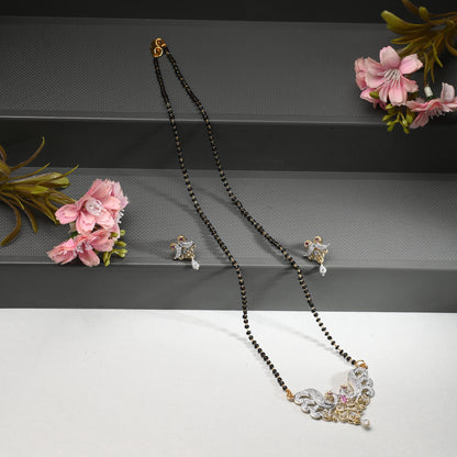 Gold Plated AD Mangalsutra Pendant and Earrings Set with Black Beads Chain