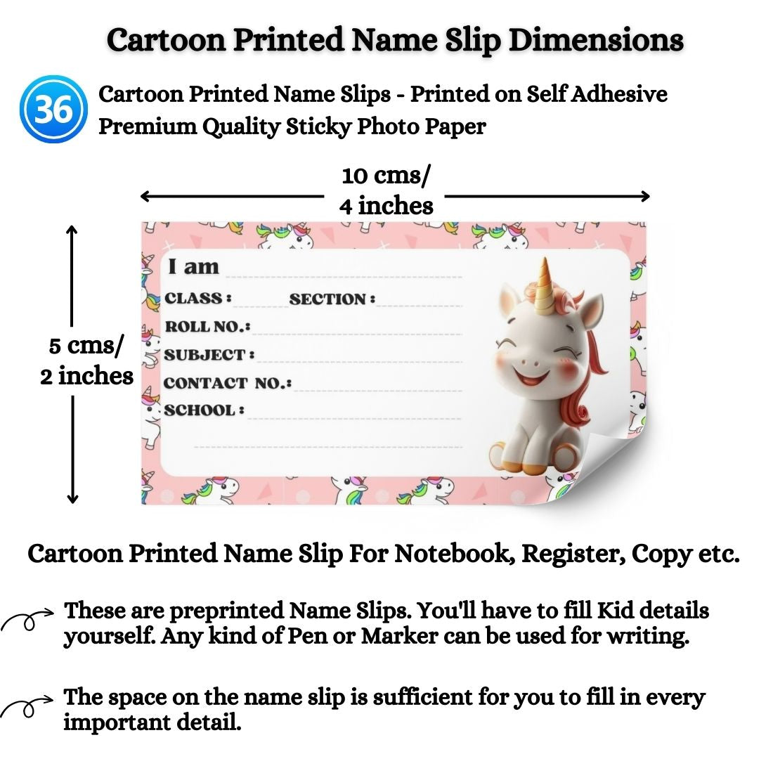 Kids Name Slips Cartoon Printed - Pack of 36 - Self Fill in