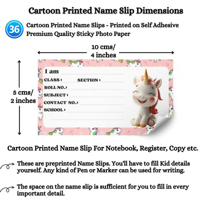 Kids Name Slips Cartoon Printed - Pack of 36 - Self Fill in