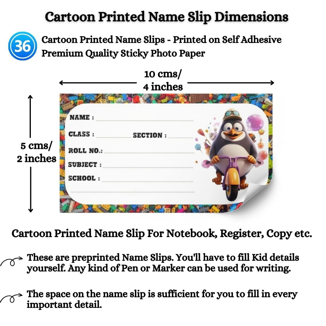 Kids Name Slips Cartoon Printed - Pack of 36 - Self Fill in