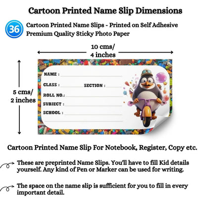 Kids Name Slips Cartoon Printed - Pack of 36 - Self Fill in