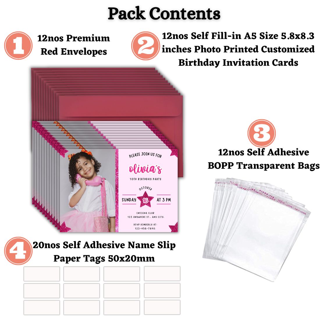 Custom Birthday Invitation Card for Kids with Envelopes | Pack of 12 | One side Printed