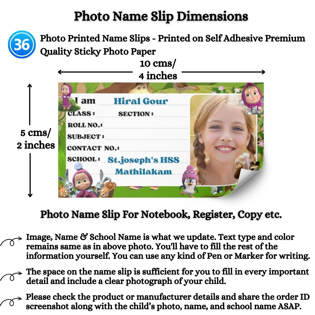 Kids Photo Name Slips Pack of 36