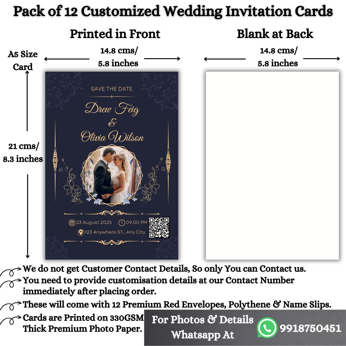 Custom Wedding Invitation Card with Couple Photo | Pack of 12 | One side Printed | Envelopes Included