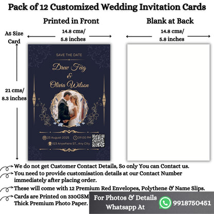 Custom Wedding Invitation Card with Couple Photo | Pack of 12 | One side Printed | Envelopes Included