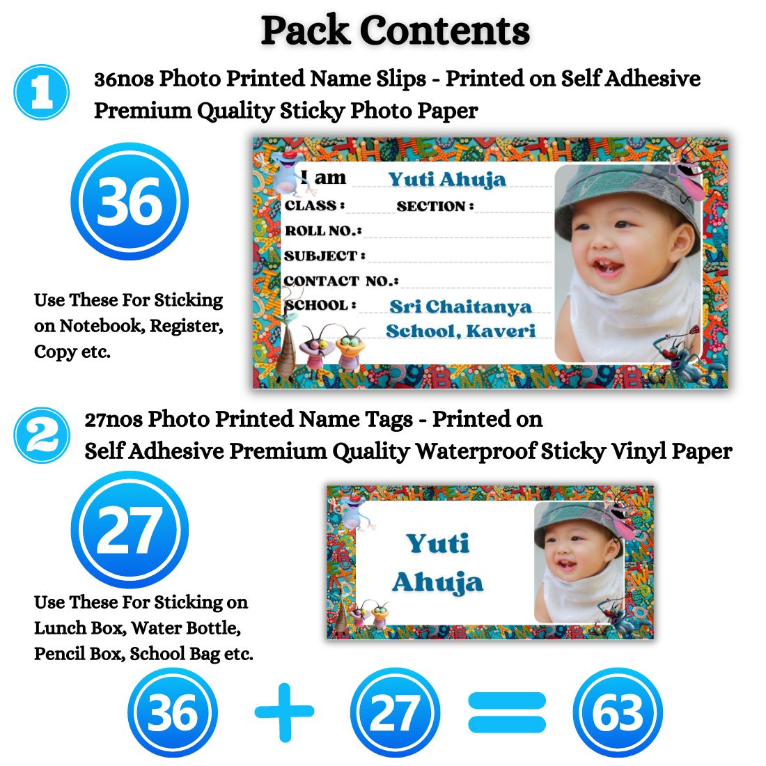 Kids Photo Name Slips & Tags | Pack of 63 | 36 Name Slips & 27 Tags