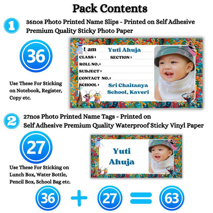 Kids Photo Name Slips & Tags | Pack of 63 | 36 Name Slips & 27 Tags