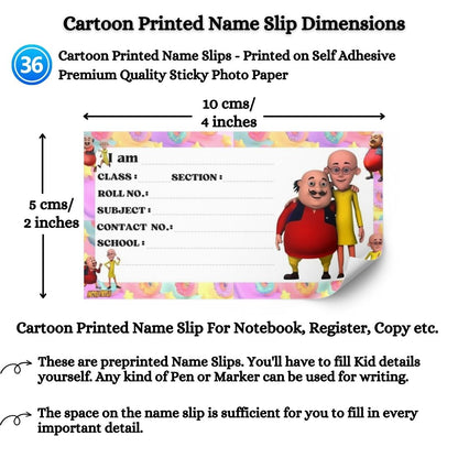 Kids Name Slips Cartoon Printed - Pack of 36 - Self Fill in