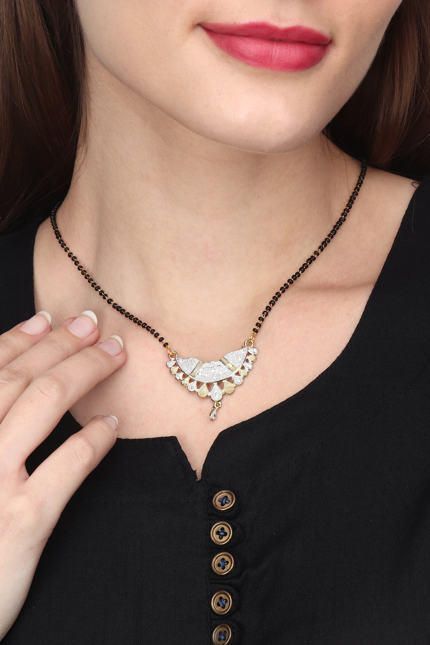 Gold Plated AD Mangalsutra Pendant and Earrings Set with Black Beads Chain
