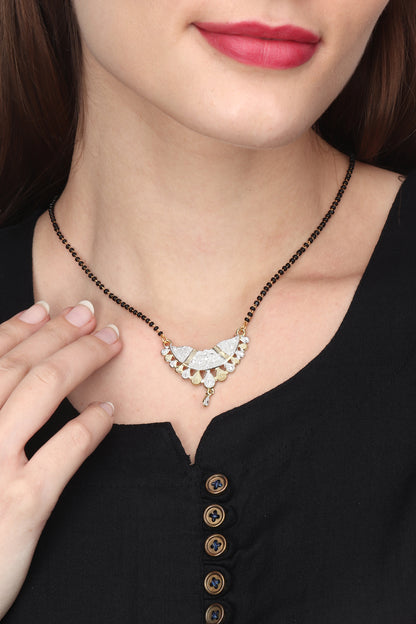 Gold Plated AD Mangalsutra Pendant and Earrings Set with Black Beads Chain