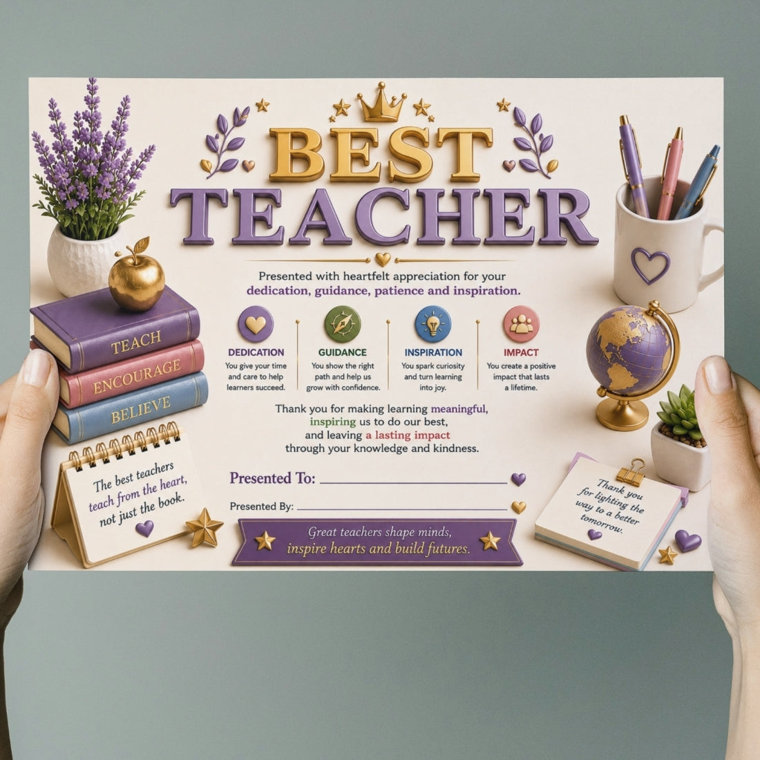 Best Teacher Certificate – A4 Teacher Appreciation Award Certificate for Teachers | Premium Printed Thank You Gift