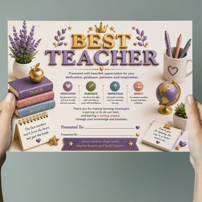 Best Teacher Certificate – A4 Teacher Appreciation Award Certificate for Teachers | Premium Printed Thank You Gift