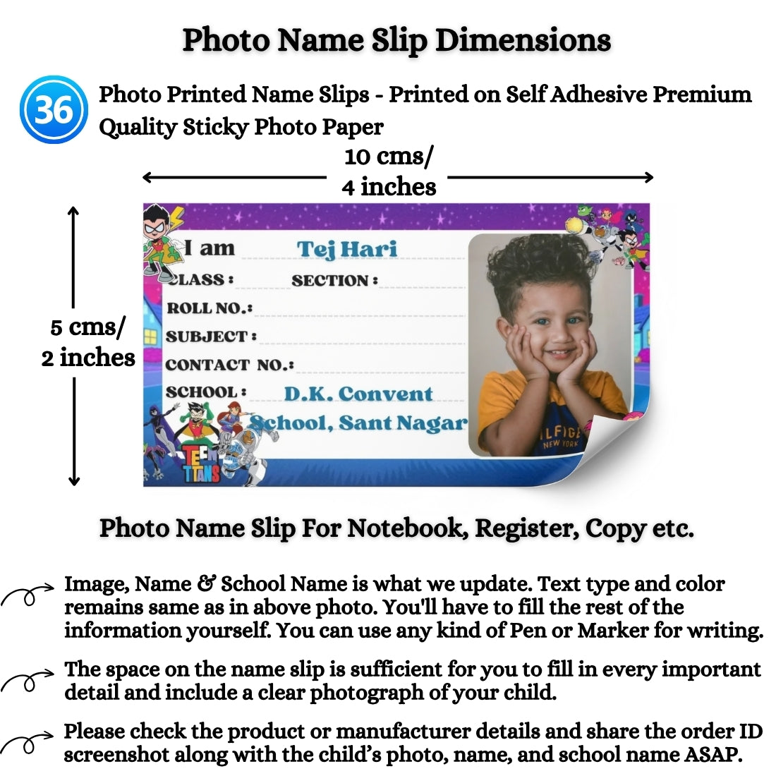 Kids Photo Name Slips Pack of 36