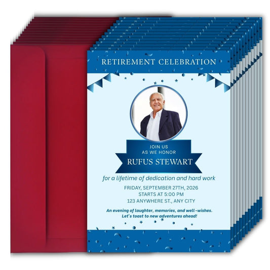 Customised Retirement Farewell Party Invitation Cards with Photo Pack of 12 with Envelopes