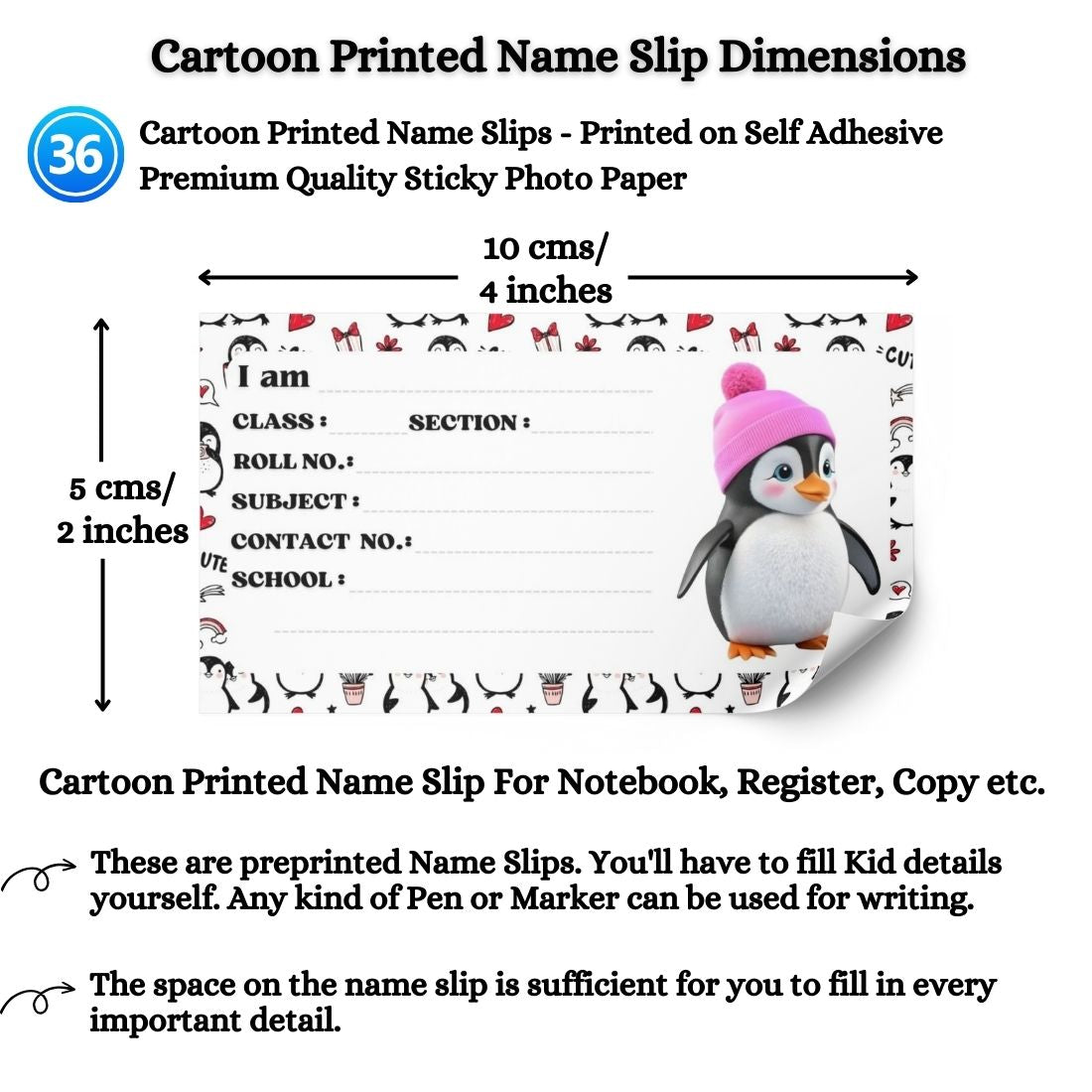 Kids Name Slips Cartoon Printed - Pack of 36 - Self Fill in