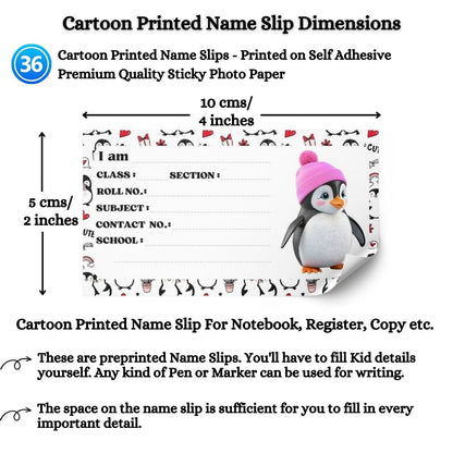 Kids Name Slips Cartoon Printed - Pack of 36 - Self Fill in