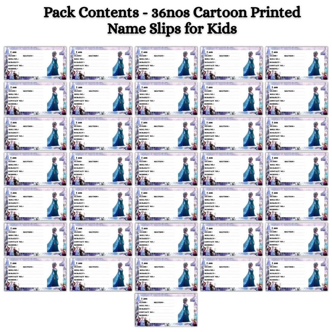 Kids Name Slips Cartoon Printed - Pack of 36 - Self Fill in