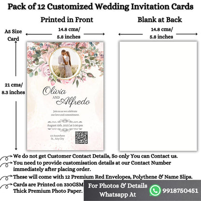 Custom Wedding Invitation Card with Couple Photo | Pack of 12 | One side Printed | Envelopes Included