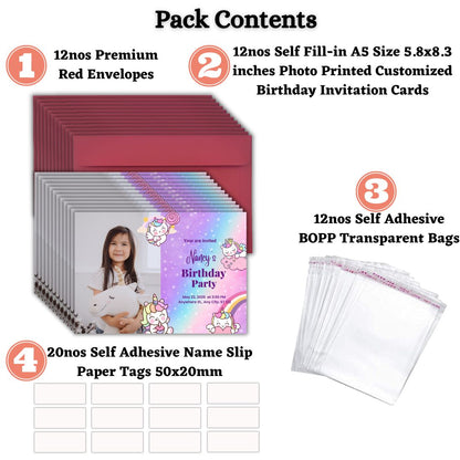 Custom Birthday Invitation Card for Kids with Envelopes | Pack of 12 | One side Printed