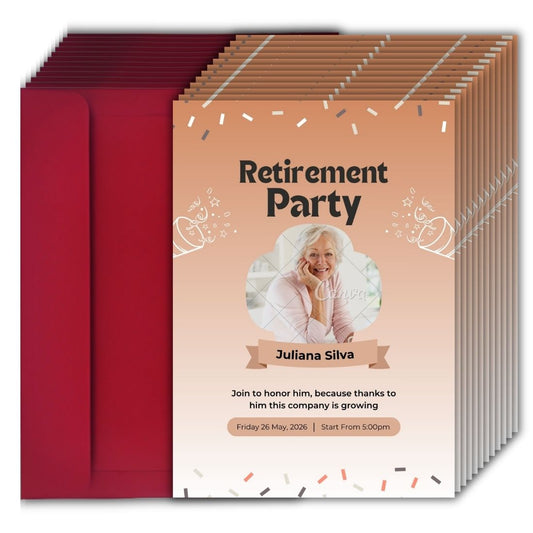 Customised Retirement Farewell Party Invitation Cards with Photo Pack of 12 with Envelopes
