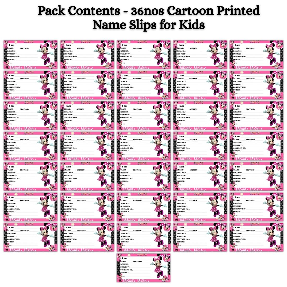 Kids Name Slips Cartoon Printed - Pack of 36 - Self Fill in