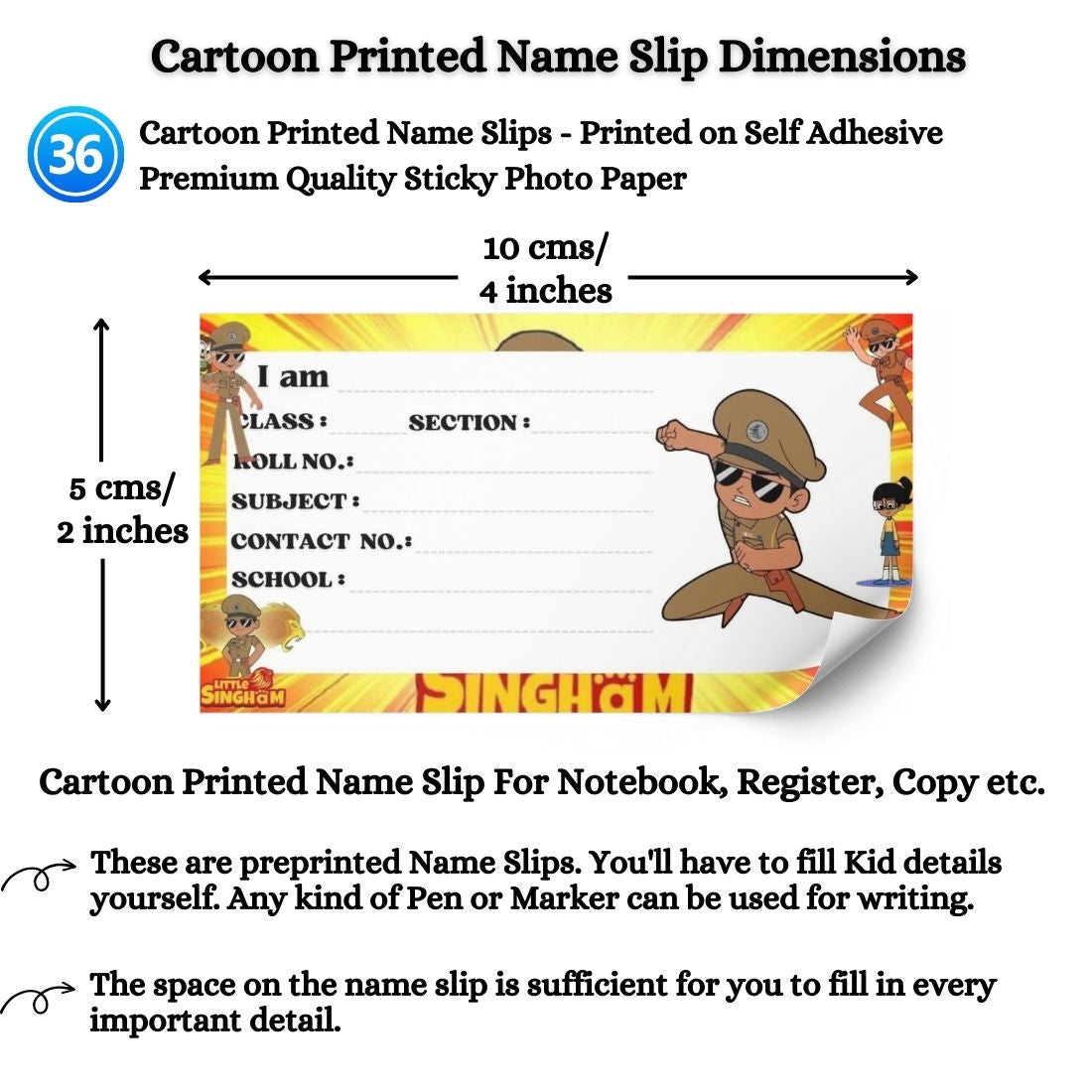 Kids Name Slips Cartoon Printed - Pack of 36 - Self Fill in