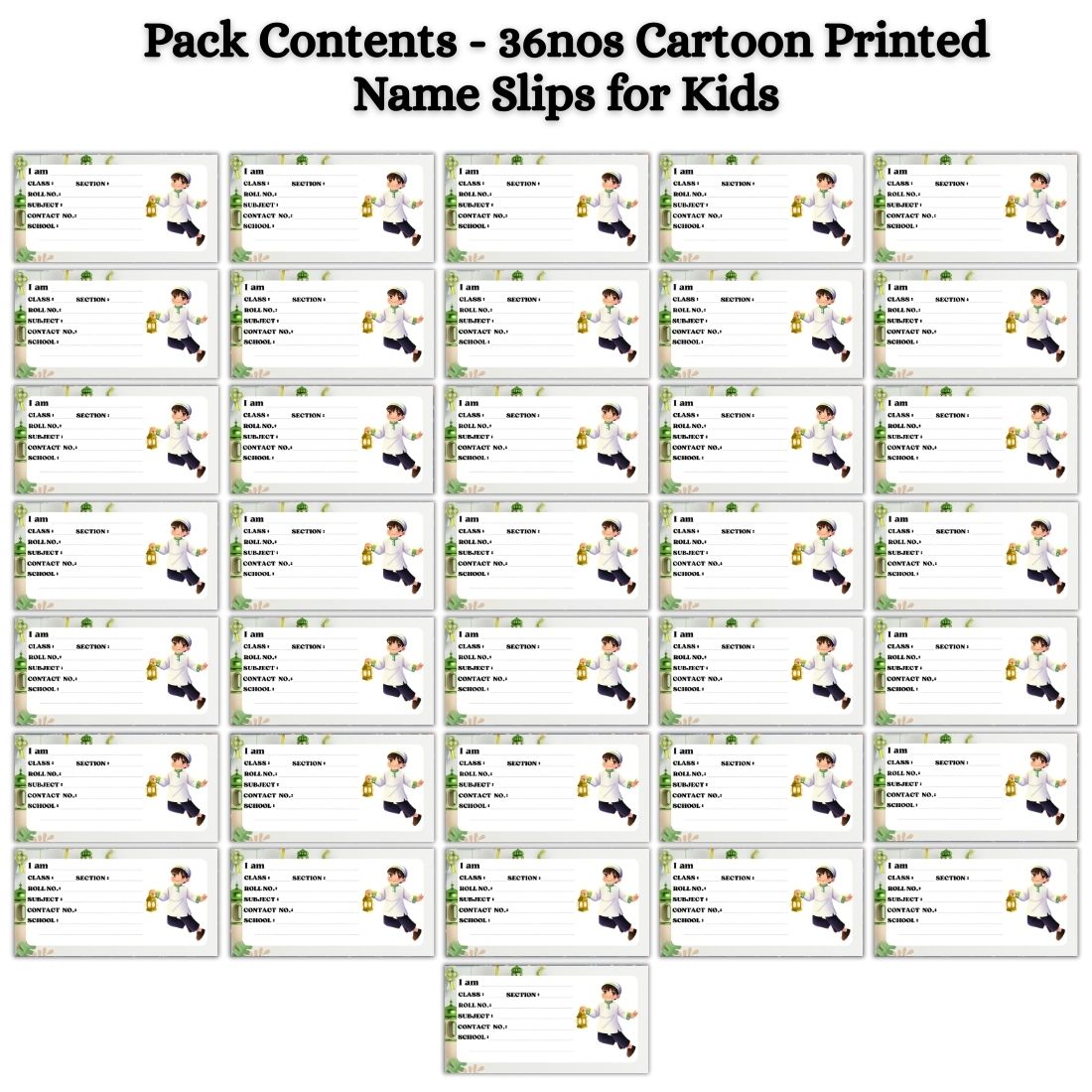 Kids Name Slips Cartoon Printed - Pack of 36 - Self Fill in