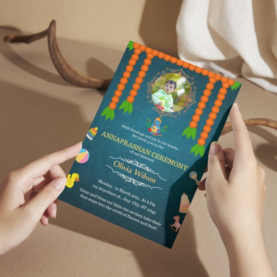 Customised Annaprashan Invitation Cards Pack of 12 , 5.8x8.3 Inch with Envelopes for Rice Ceremony